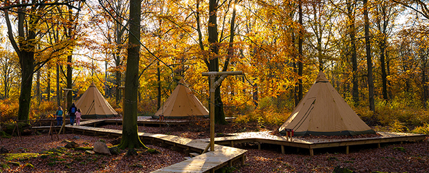 autumn in Camp Oak tent accomodation at Skånes Djurpark zoo in Sweden with Nordic tipis from Tentipi